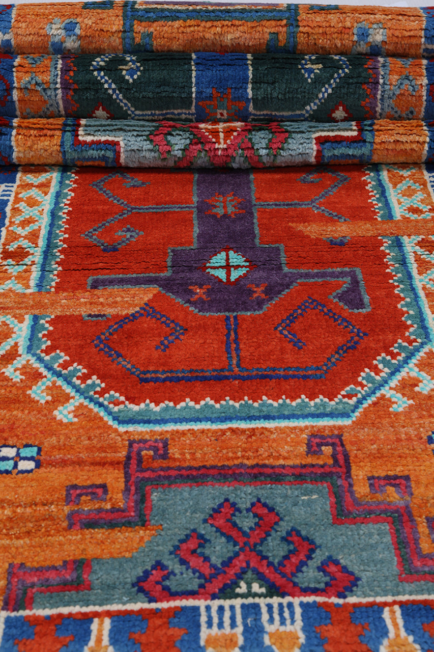 Classic Kazak runner rug, Orange, handmade, 313x79cm
