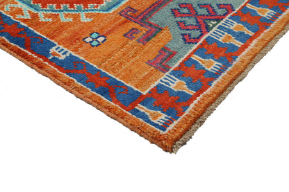 Classic Kazak runner rug, Orange, handmade, 313x79cm