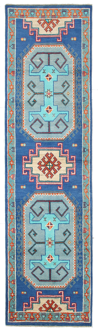 Tappeto Passatoia Kazak Classico, Blu, fatto a mano, 307x82cm - CarpetLiving