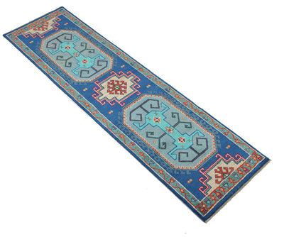 Tappeto Passatoia Kazak Classico, Blu, fatto a mano, 307x82cm - CarpetLiving