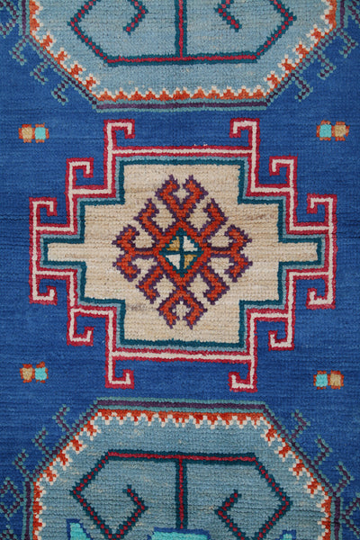 Tappeto Passatoia Kazak Classico, Blu, fatto a mano, 307x82cm - CarpetLiving