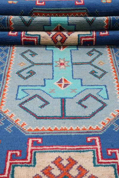 Tappeto Passatoia Kazak Classico, Blu, fatto a mano, 307x82cm - CarpetLiving