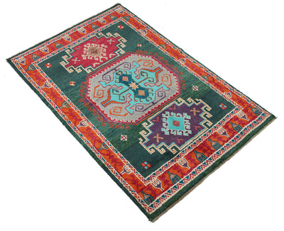 Tappeto Kazak Classico, Verde e Arancione, fatto a mano, 184x123cm - CarpetLiving