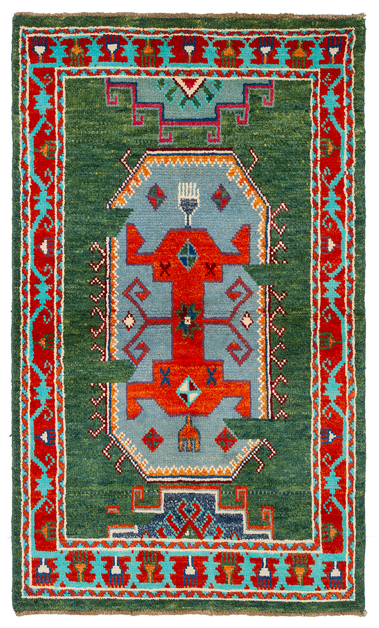 Classic Kazak carpet, Green, handmade, 157x95cm