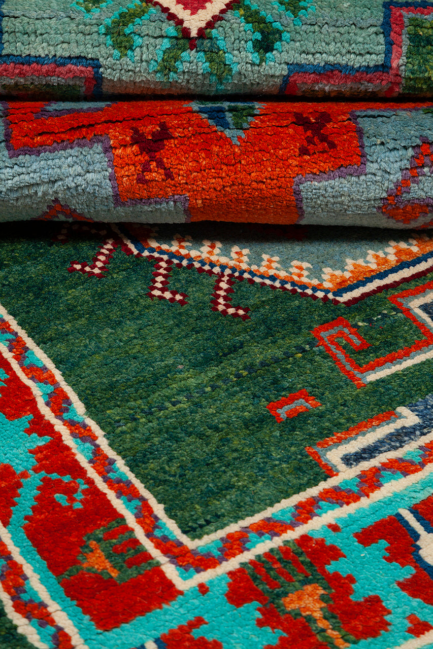Classic Kazak carpet, Green, handmade, 157x95cm
