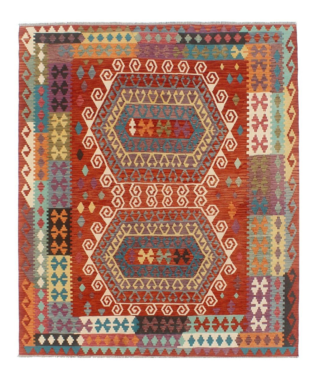 Tappeto Kilim Kaudani Afghan fatto a mano multicolore 293x257cm