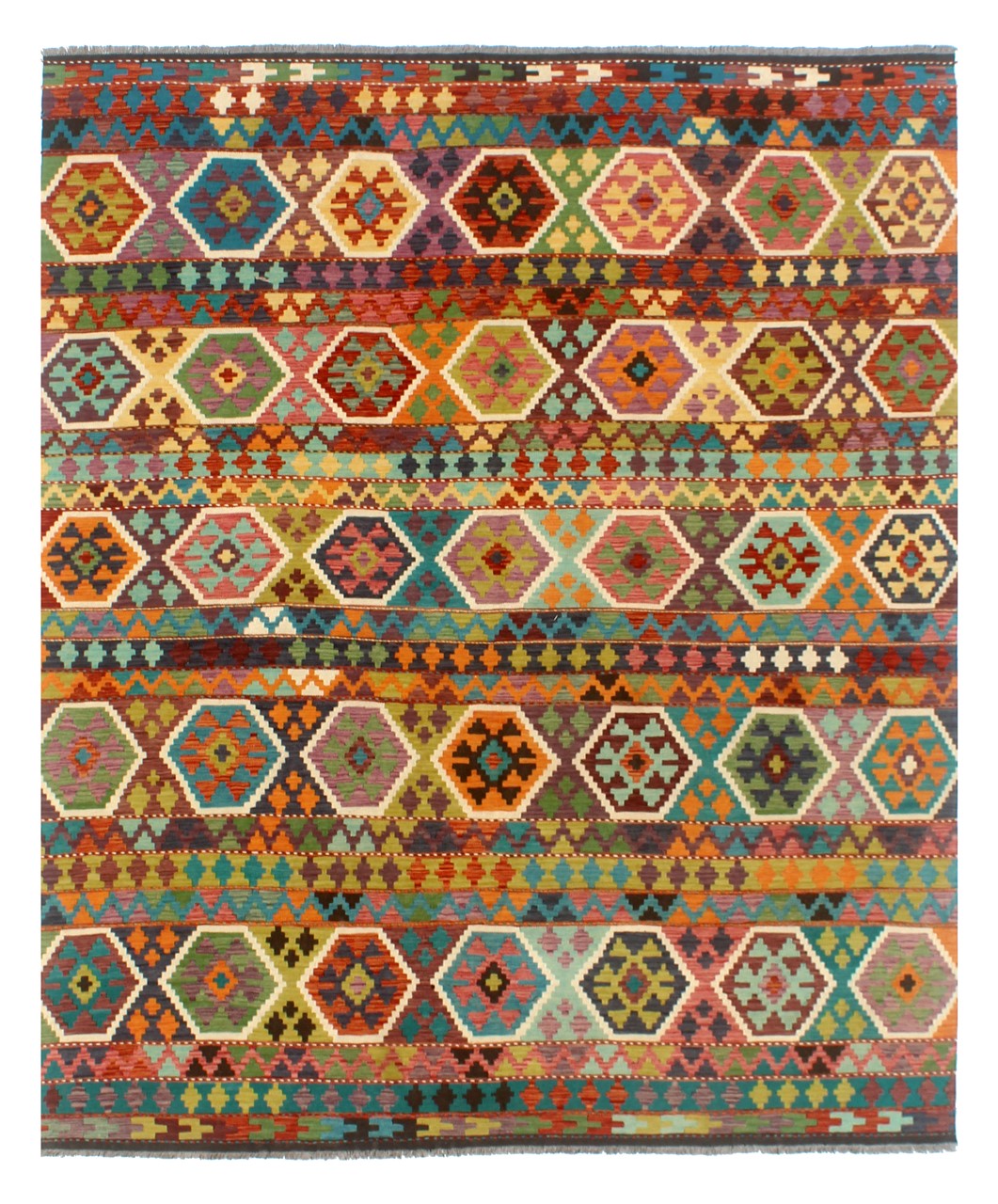 Tappeto Kilim Kaudani Afghan fatto a mano multicolore 294x253cm