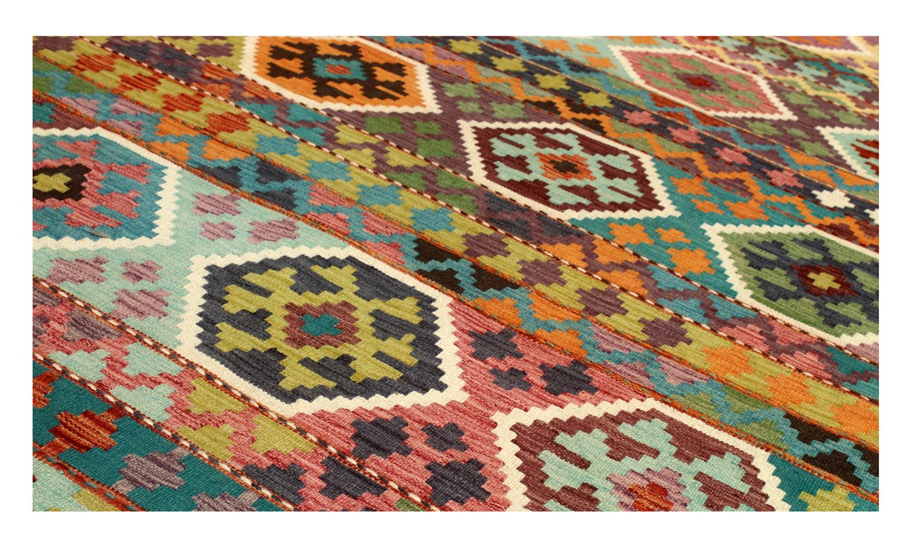Tappeto Kilim Kaudani Afghan fatto a mano multicolore 294x253cm