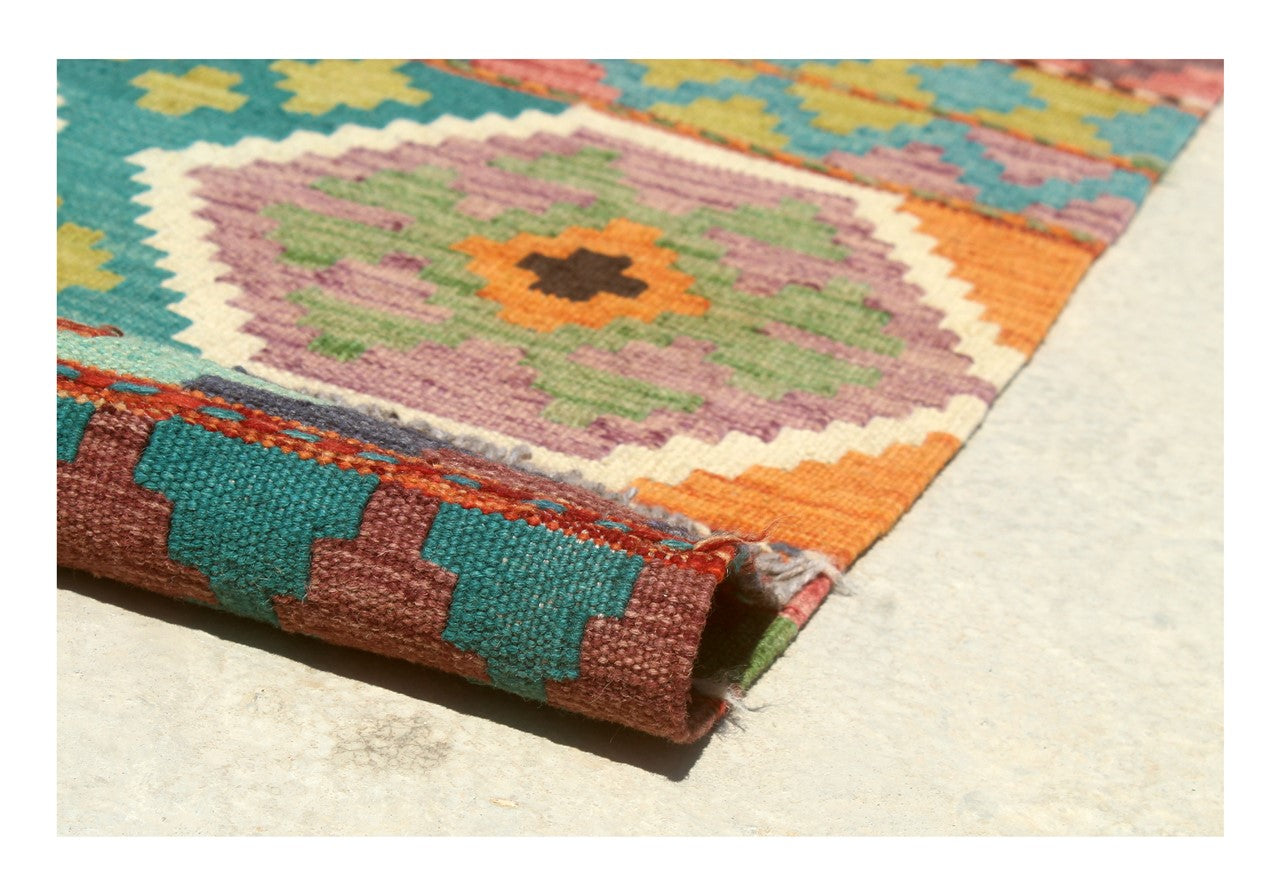 Tappeto Kilim Kaudani Afghan fatto a mano multicolore 294x253cm