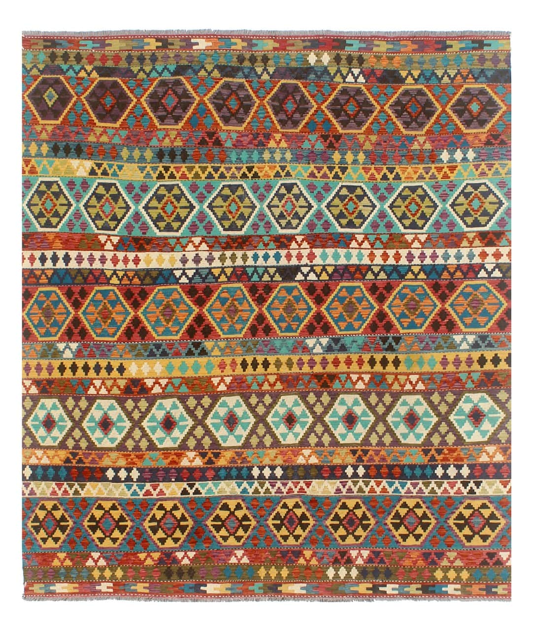 Tappeto Kilim Kaudani Afghan fatto a mano multicolore 290x254cm