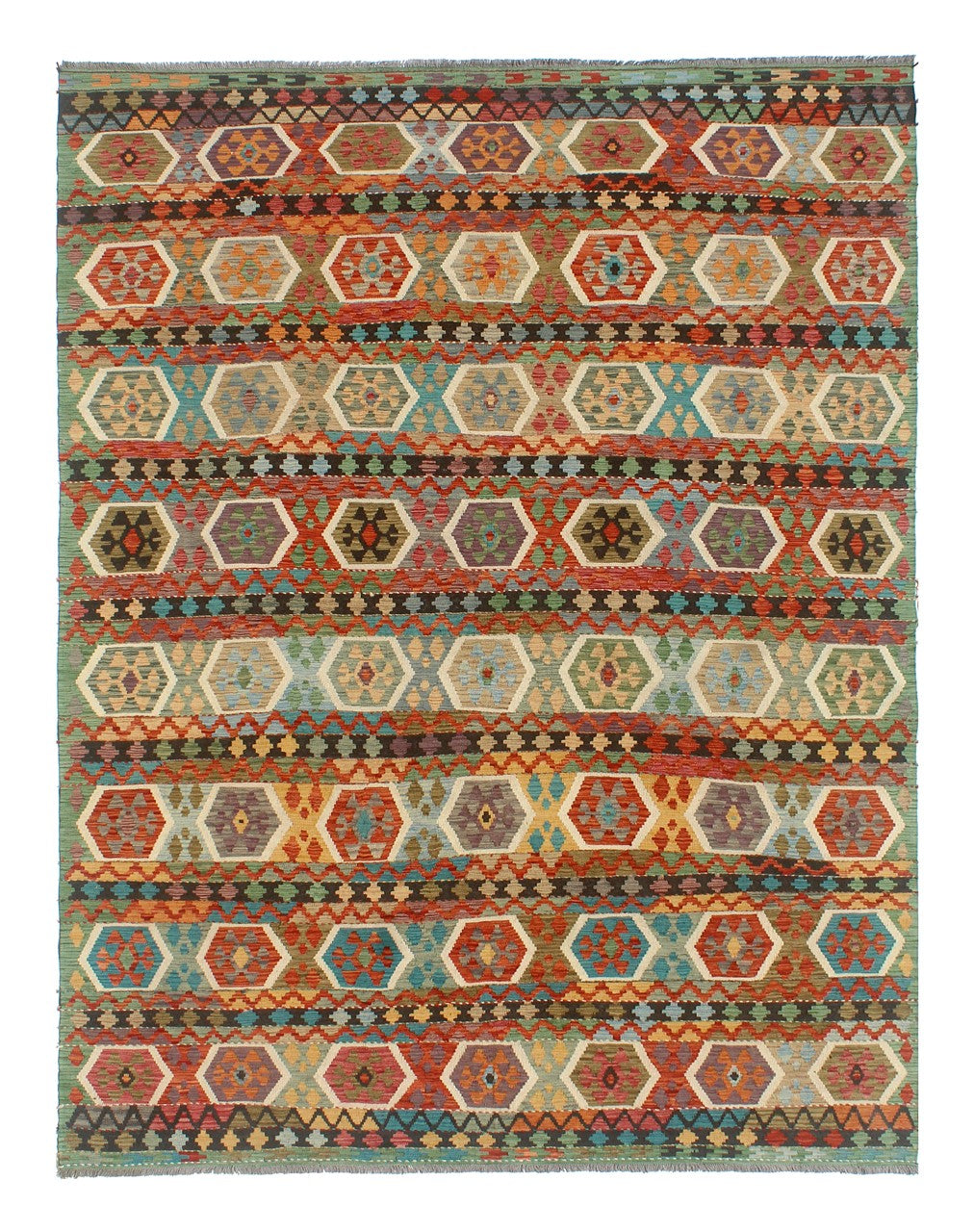 Tappeto Kilim Kaudani Afghan fatto a mano multicolore 352x256cm