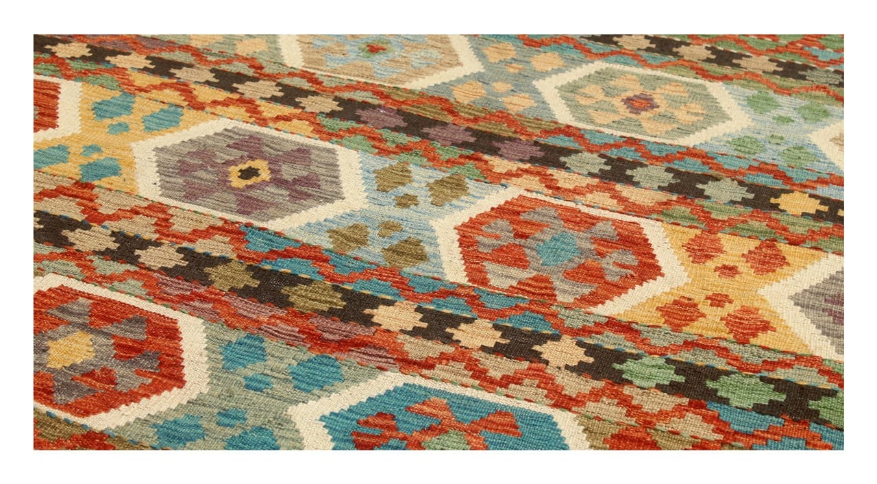 Tappeto Kilim Kaudani Afghan fatto a mano multicolore 352x256cm