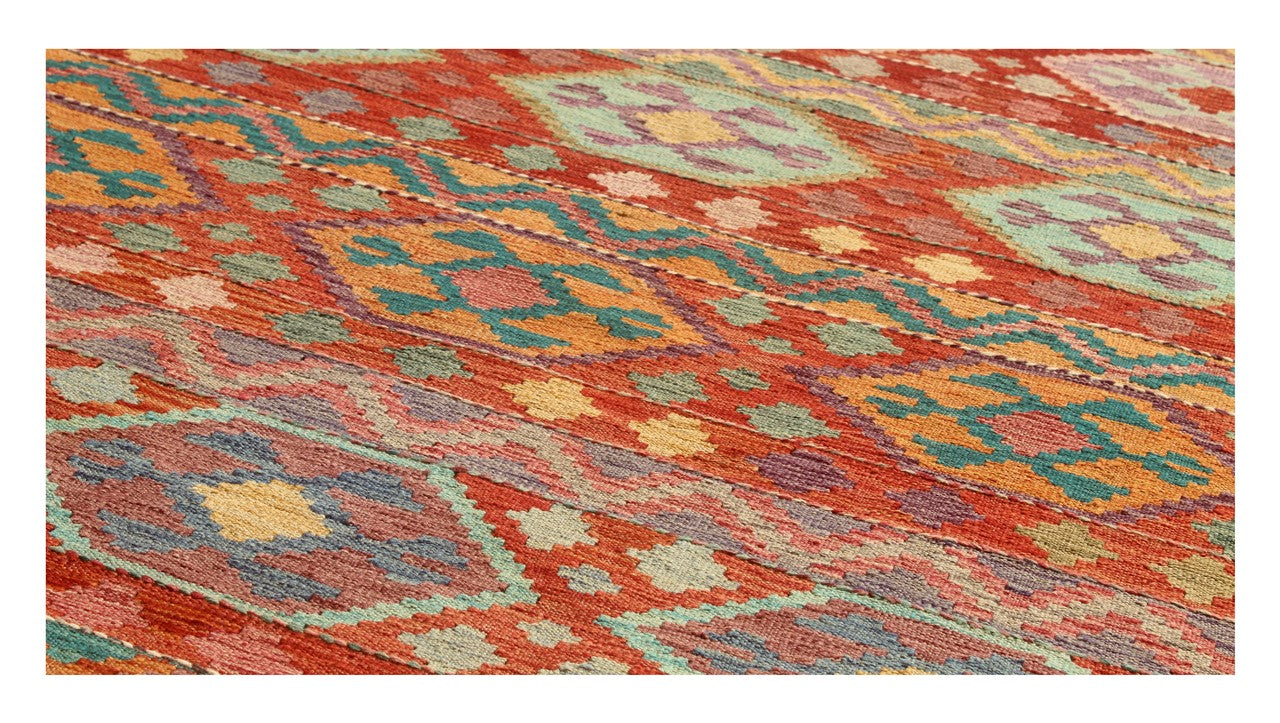 Tappeto Kilim Kaudani Afghan fatto a mano multicolore 346x254cm