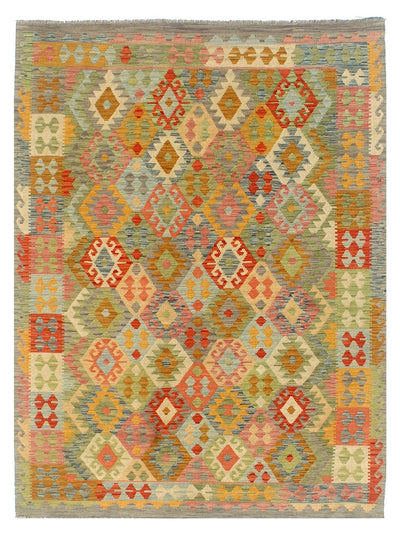 Tappeto Kilim Afghano in lana verde, fatto a mano 289x200 cm