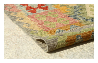 Tappeto Kilim Afghano in lana verde, fatto a mano 289x200 cm