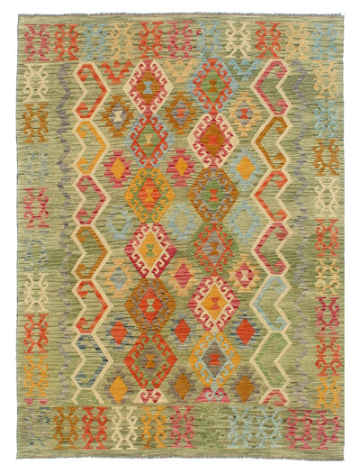 Tappeto Kilim Afghano in lana verde, fatto a mano 288x207 cm