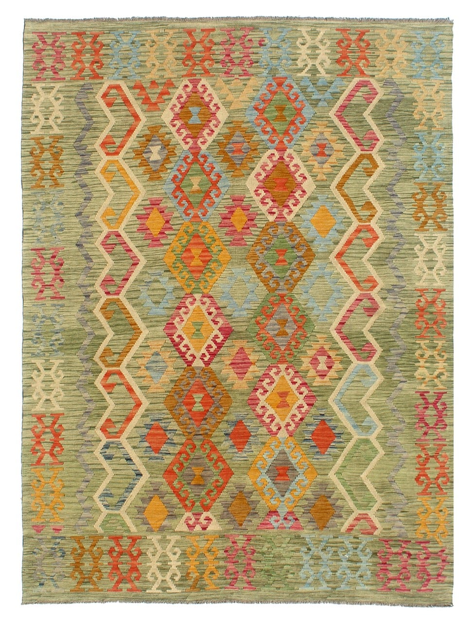 Handmade Afghan Kilim Green Wool Rug 288_207 cm