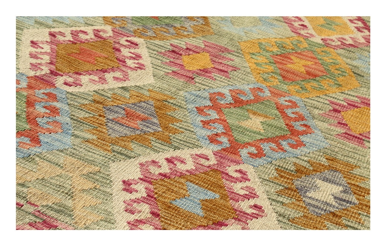 Handmade Afghan Kilim Green Wool Rug 288_207 cm