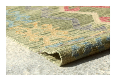 Tappeto Kilim Afghano in lana verde, fatto a mano 288x207 cm