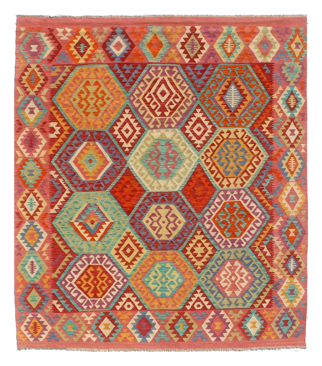 Tappeto Kilim Kaudani Afghan fatto a mano multicolore 292x252cm