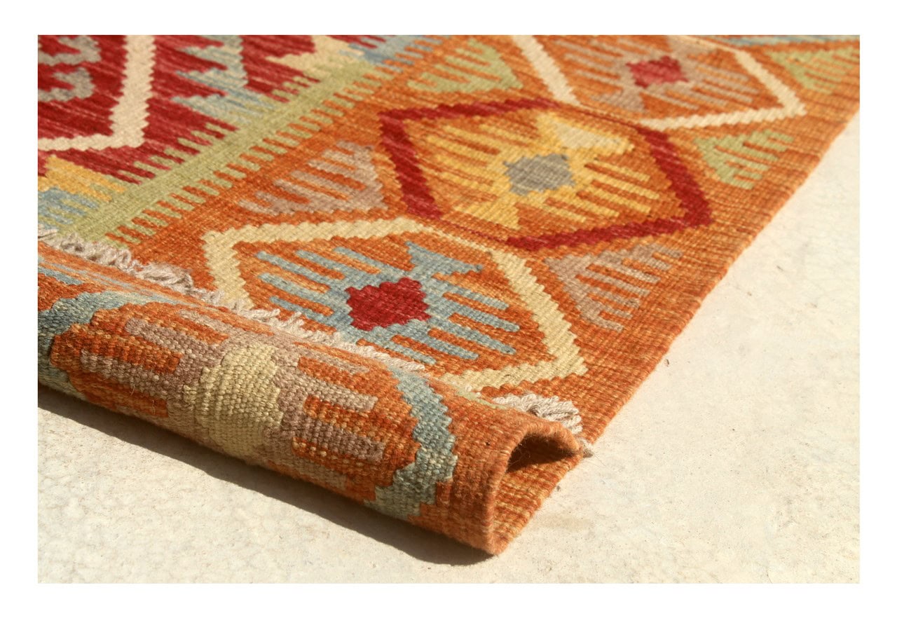 Tappeto Kilim Kaudani Afghan fatto a mano multicolore 292x210cm