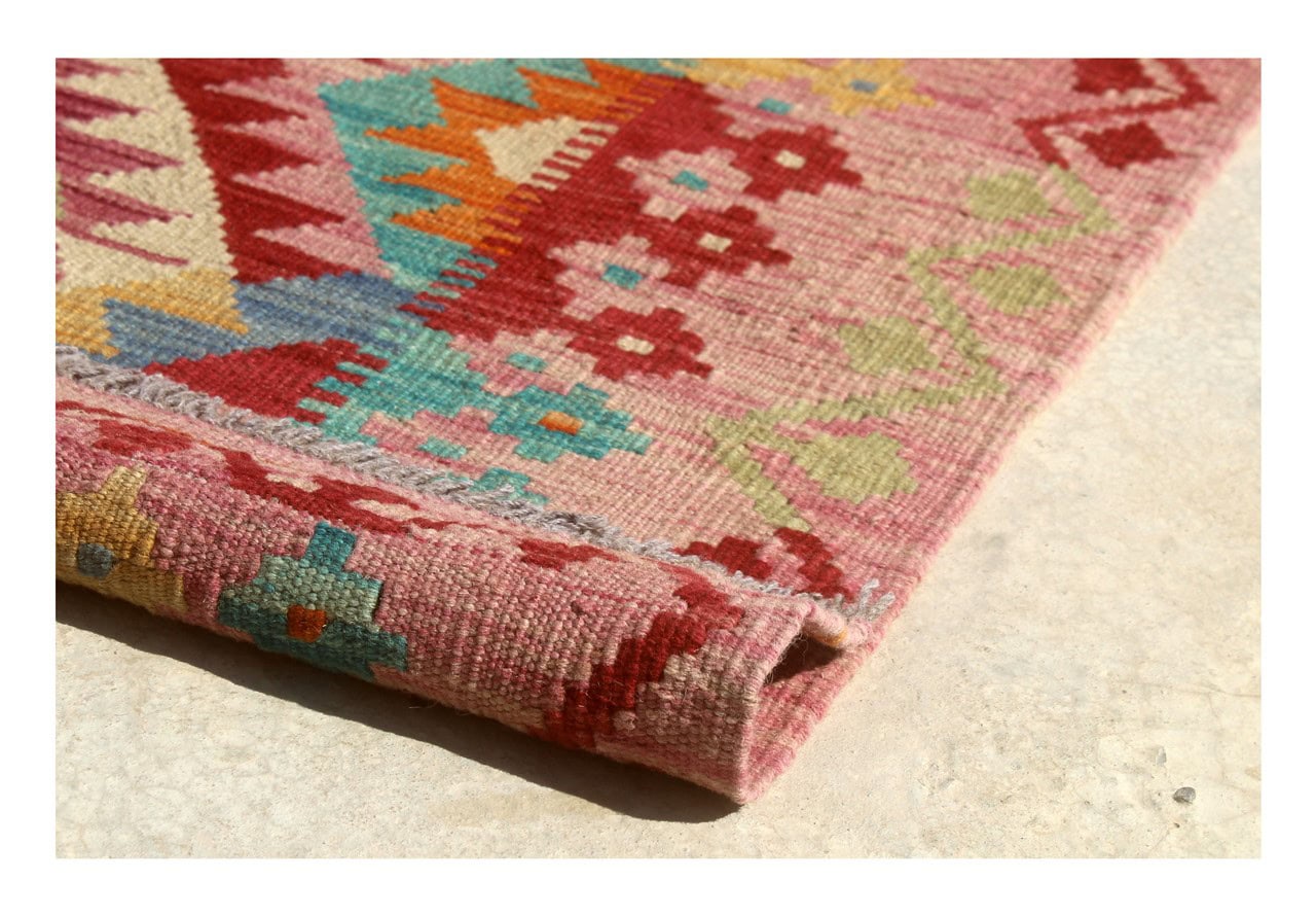 Tappeto Kilim Kaudani Afghan fatto a mano multicolore 302x206cm