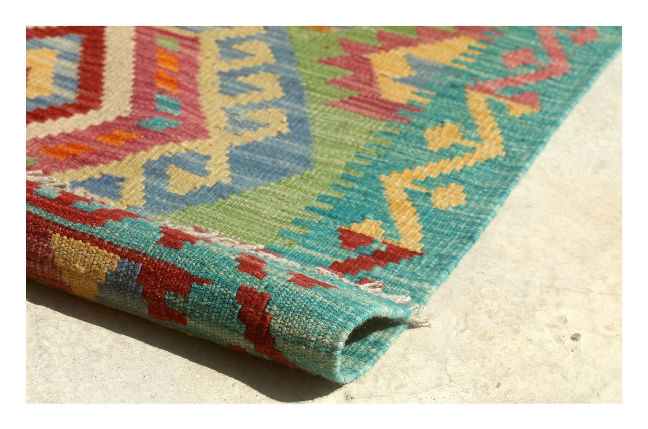 Tappeto Kilim Kaudani Afghan fatto a mano multicolore 291x207cm