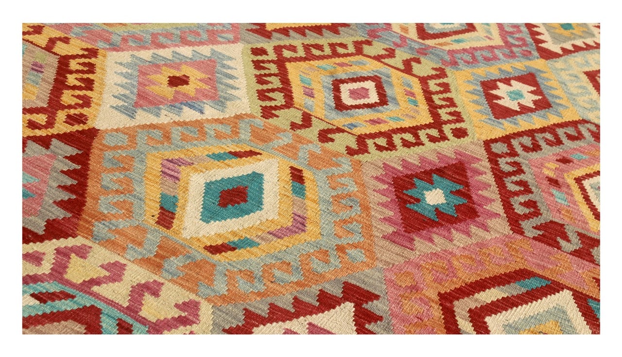 Tappeto Kilim Kaudani Afghan fatto a mano multicolore 297x208cm