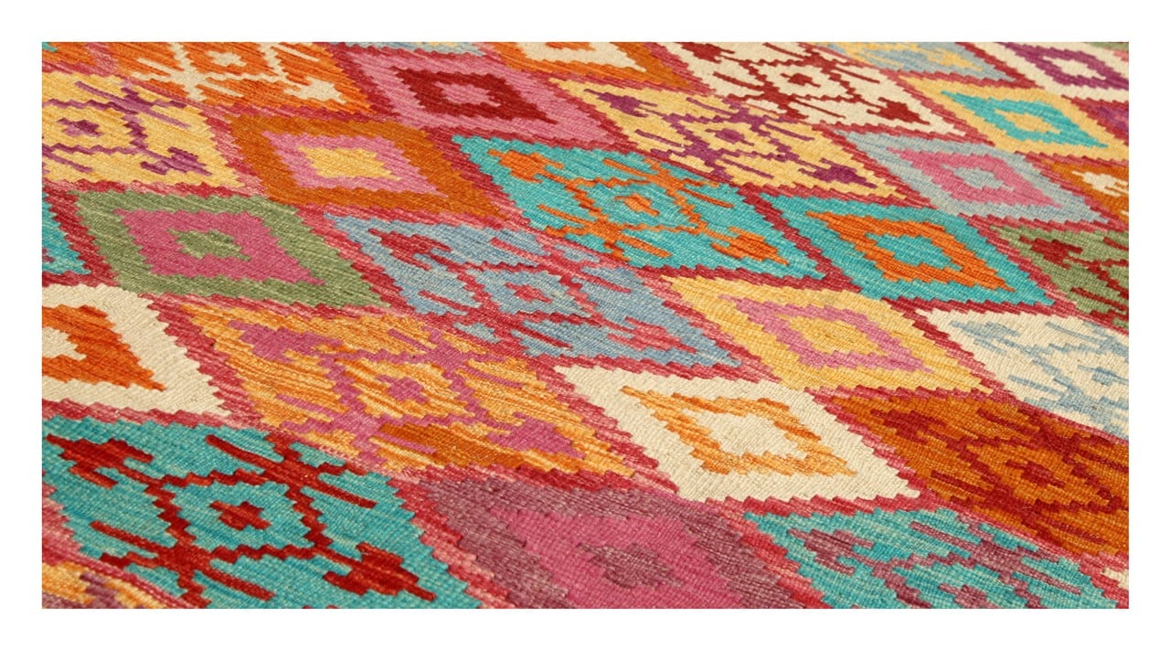 Tappeto Kilim Kaudani Afghan fatto a mano multicolore 304x200cm