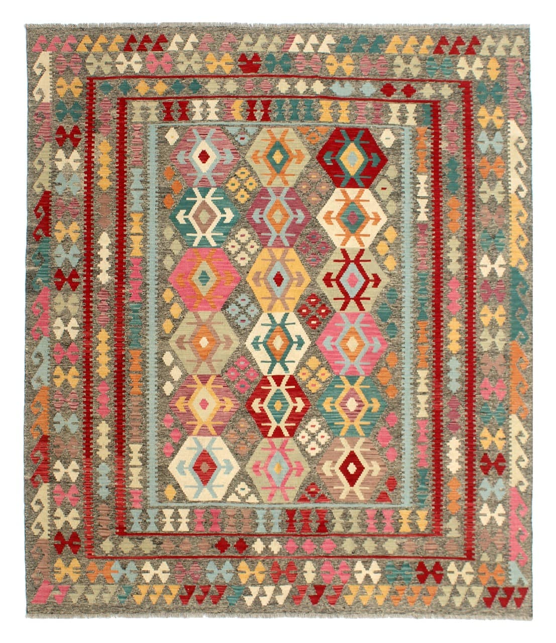 Tappeto Kilim Kaudani Afghan fatto a mano multicolore 293x255cm