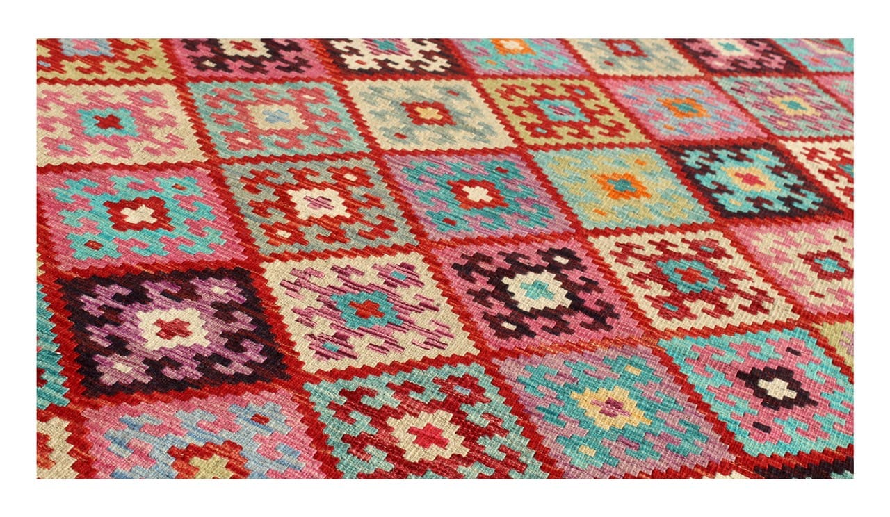 Tappeto Kilim Kaudani Afghan fatto a mano multicolore 292x260cm