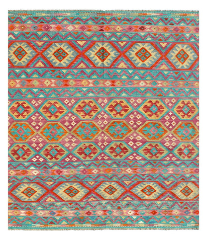 Tappeto Kilim Kaudani Afghan fatto a mano multicolore 297x250cm