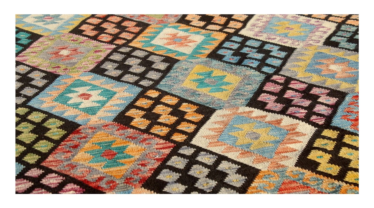 Tappeto Kilim Kaudani Afghan fatto a mano multicolore 293x208cm
