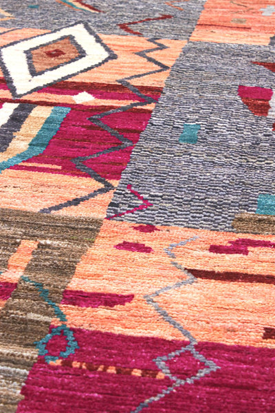 Tappeto tribale colorato in lana stile patchwork, fatto a mano, 285x203 cm
