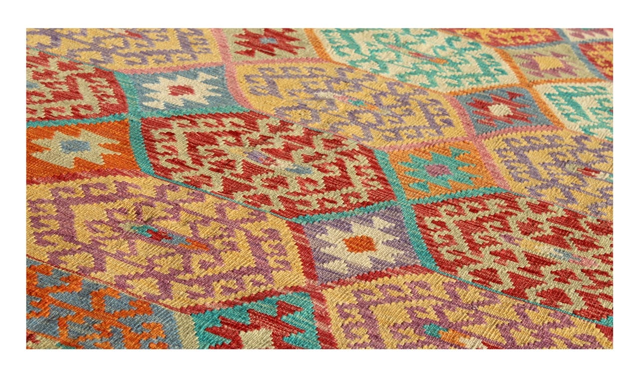 Tappeto Kilim Kaudani Afghan fatto a mano multicolore 295x206cm