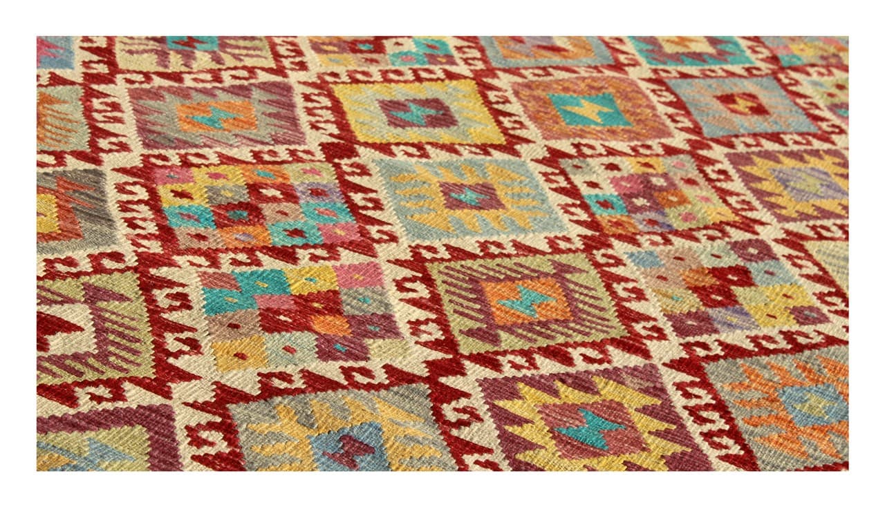 Tappeto Kilim Kaudani Afghan fatto a mano multicolore 297x212cm