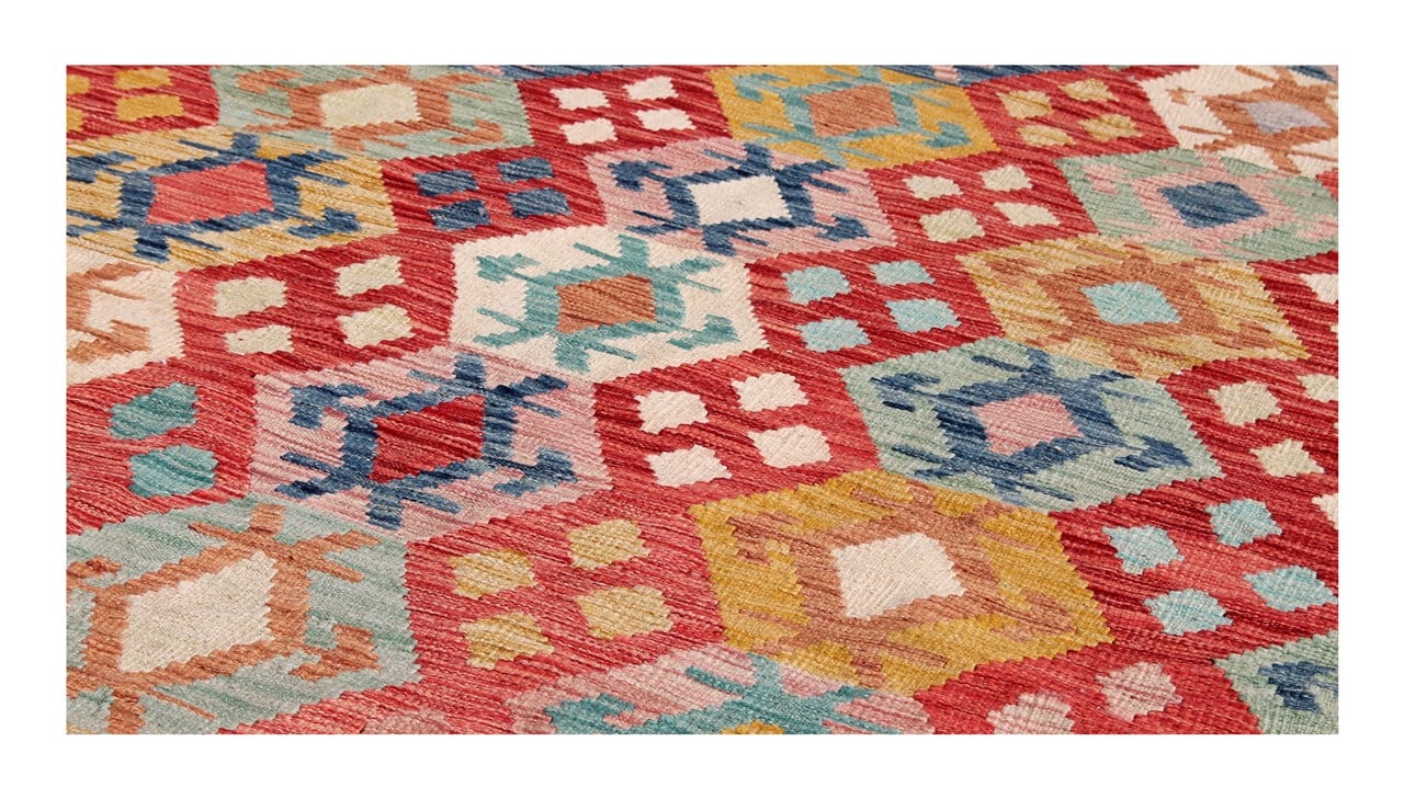 Tappeto Kilim Kaudani Afghan fatto a mano multicolore 294x204cm