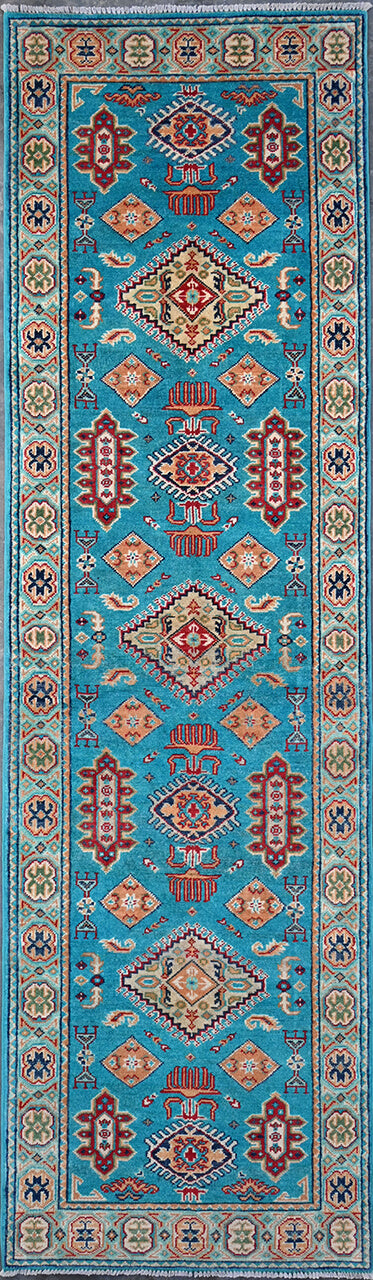 Classic Kazak runner rug, Blue, handmade, 291x82cm