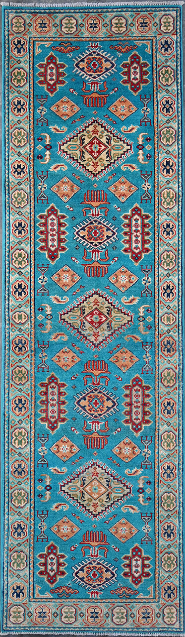Classic Kazak runner rug, Blue, handmade, 291x82cm