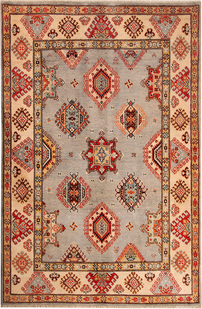 Classic Kazak carpet, Grey Beige, handmade, 198x142cm