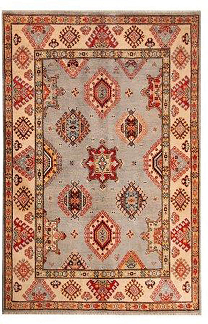 Classic Kazak carpet, Grey Beige, handmade, 198x142cm