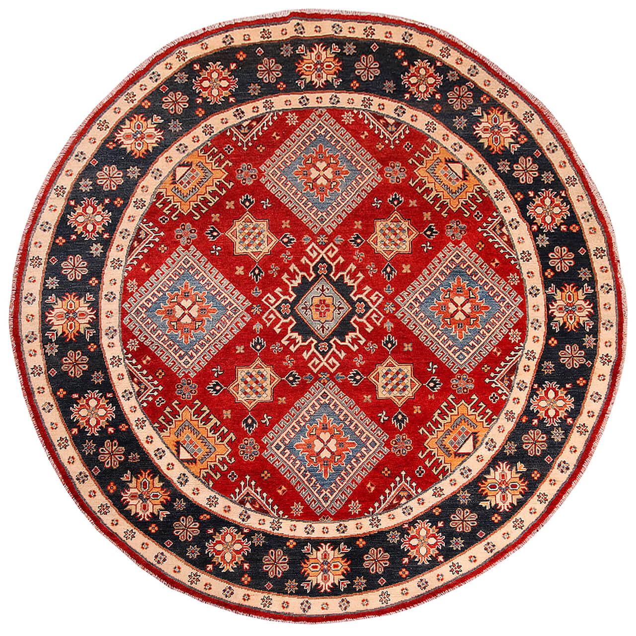 Classic Kazak round carpet, Red, handmade, 239x236cm