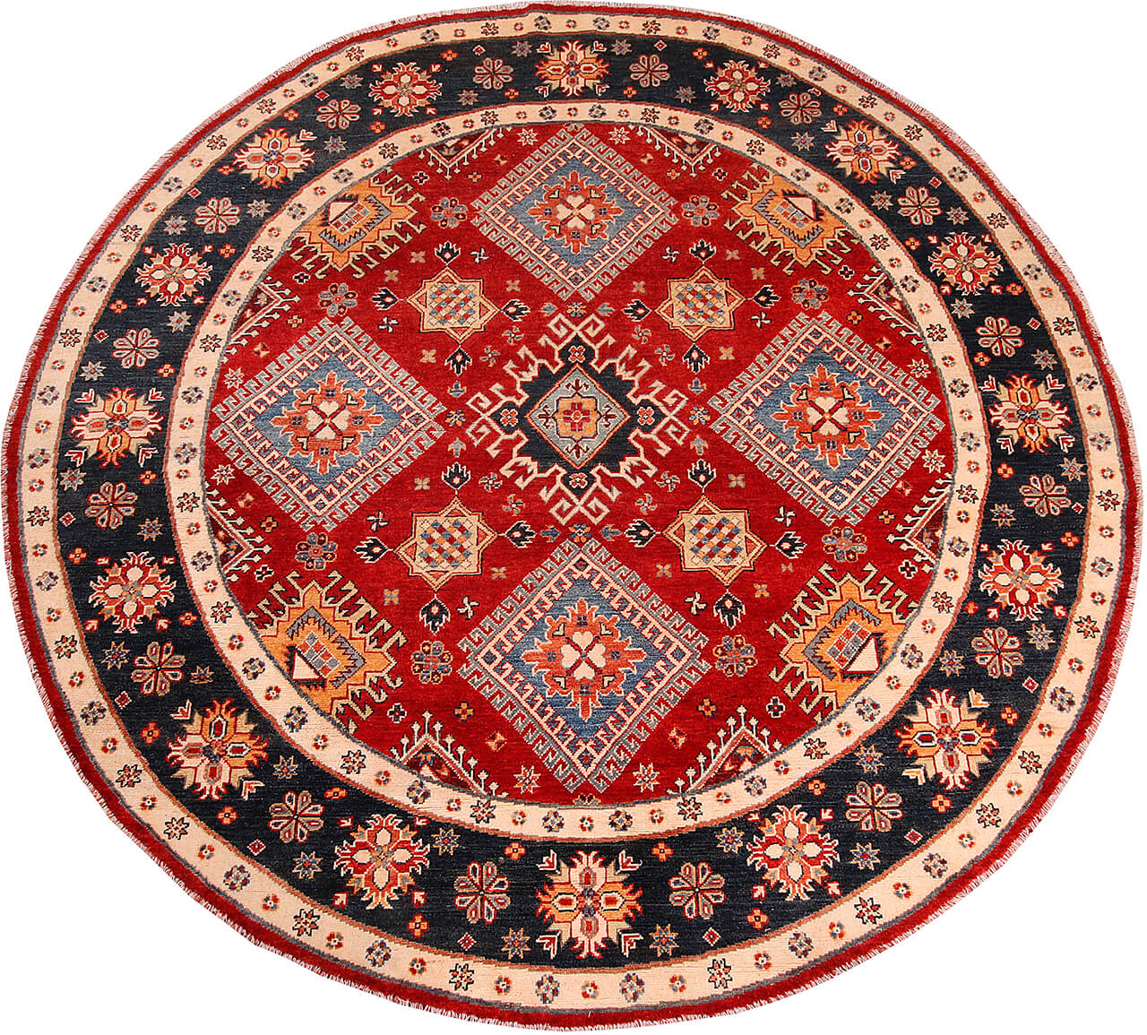 Classic Kazak round carpet, Red, handmade, 239x236cm