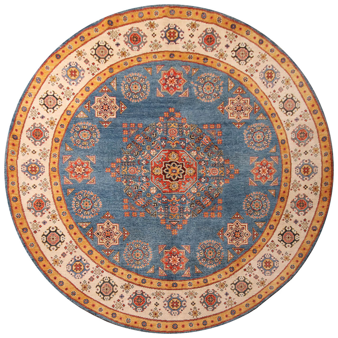 Classic Kazak round carpet, Blue, handmade, 236x236cm