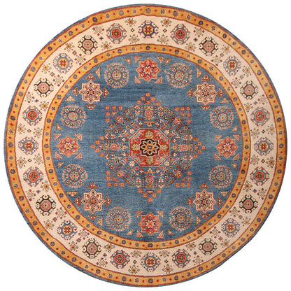 Classic Kazak round carpet, Blue, handmade, 236x236cm