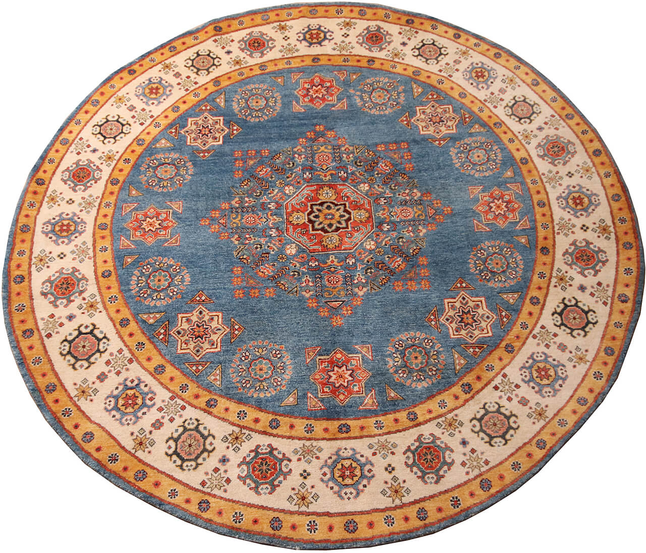 Classic Kazak round carpet, Blue, handmade, 236x236cm