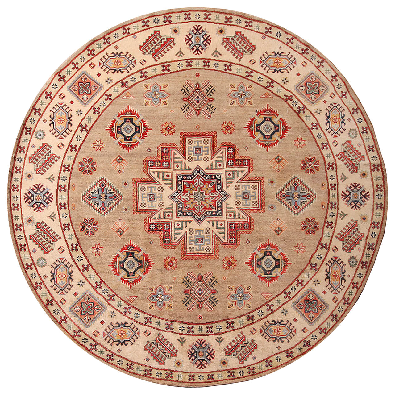 Classic Kazak round carpet, Beige, handmade, 239x236cm