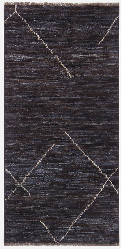 Modern design black Berber style runner rug, handmade 190x53cm