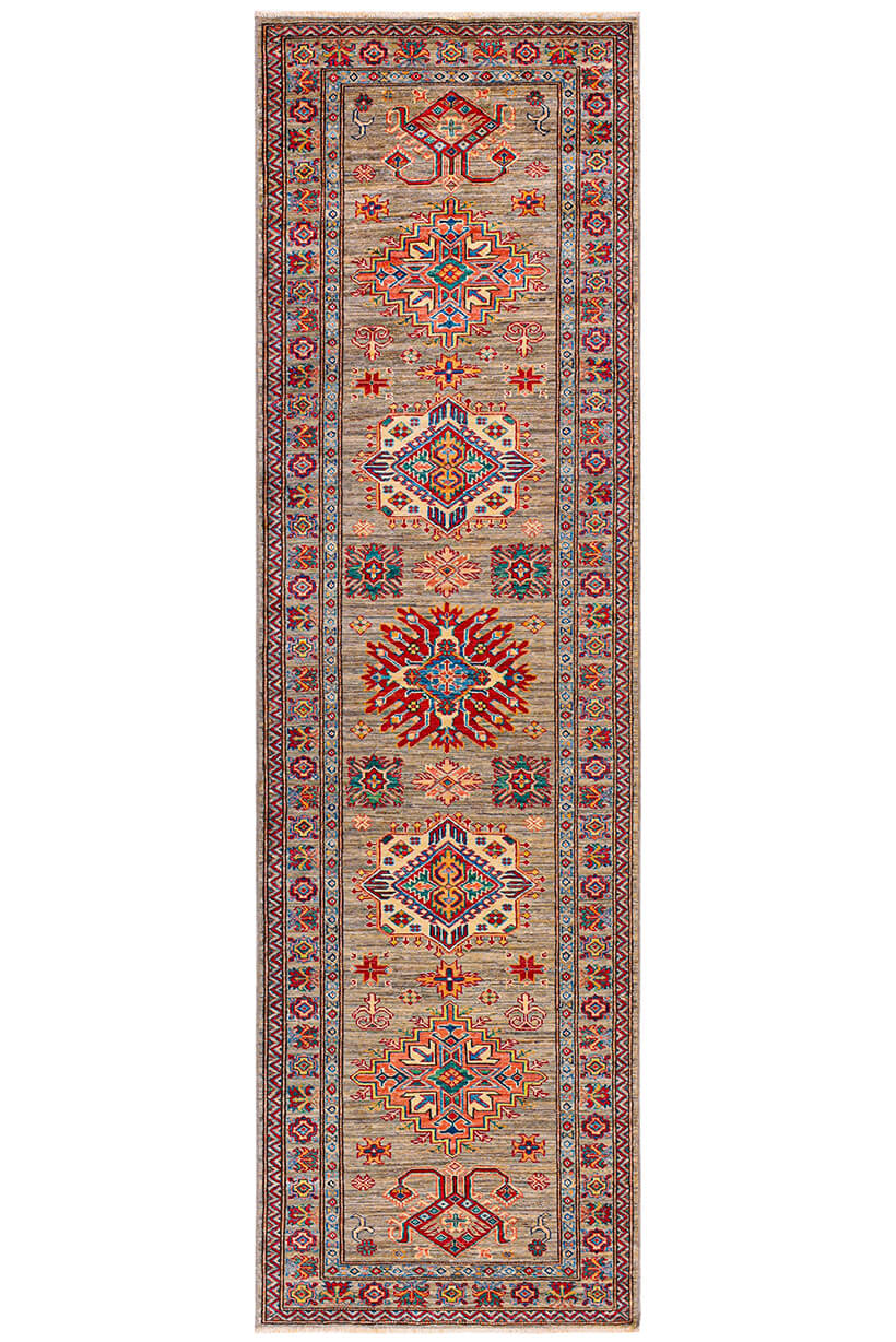 Classic Kazak runner rug, Multicoloured, handmade, 302x82cm