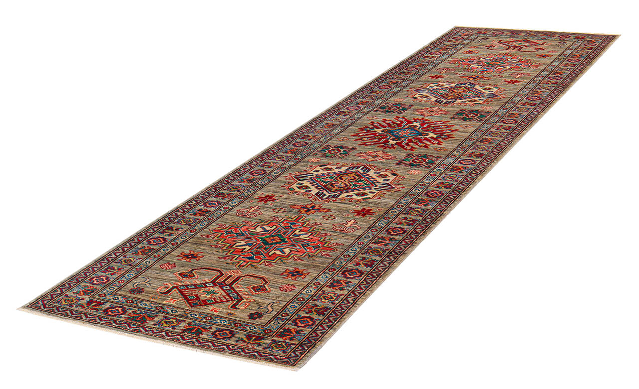 Classic Kazak runner rug, Multicoloured, handmade, 302x82cm
